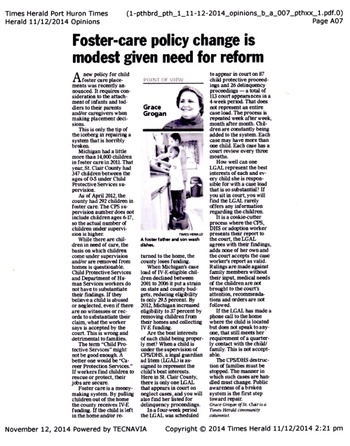 Times Herald Column - Foster Care Policy Change