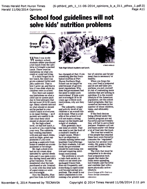 Times Herald Column - School Food Guidelines
